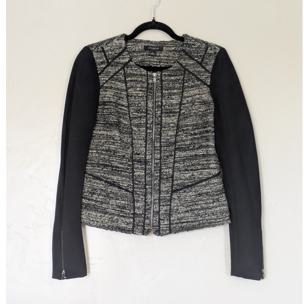 Ann‎ Taylor Tweed Knit Zip Front Jacket Black Gray Long Sleeve Women's Size 2